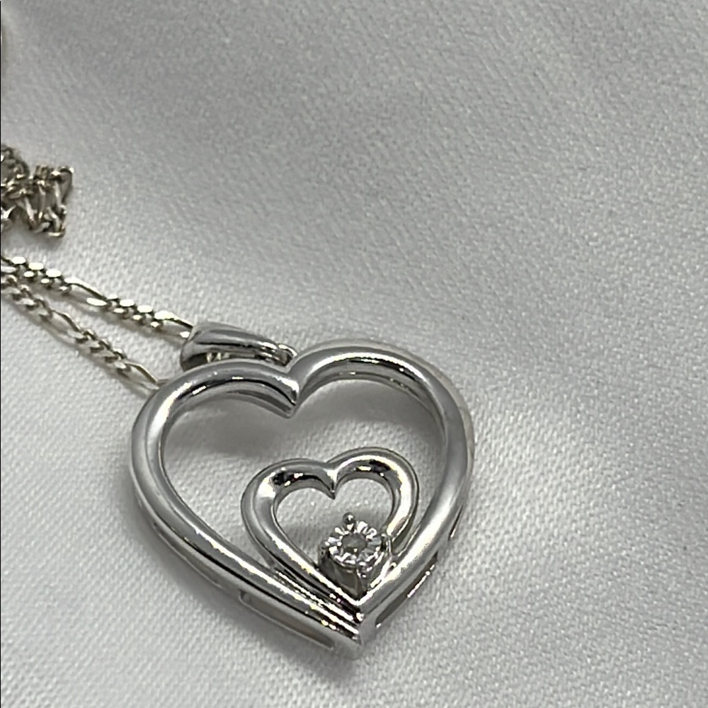 NWOT 925 SS Diamond Double Open Heart Pendant Necklace